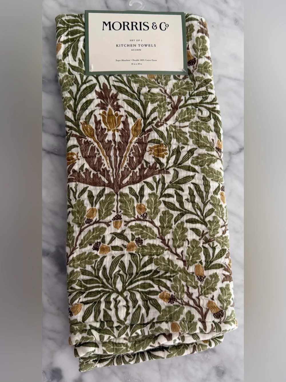 William Morris & Co Kitchen Dish Towels Set of 2 ACORN Green Brown 100% Cotton